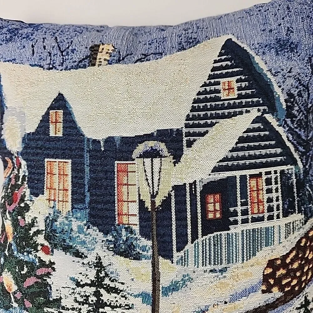 Snowy Cottage Tapestry Throw Pillow Christmas Holiday Cottagecore Decor